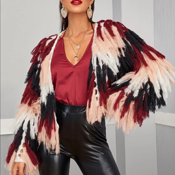 Jackets & Blazers - Layered Shaggy Fringe Cardigan Sweater